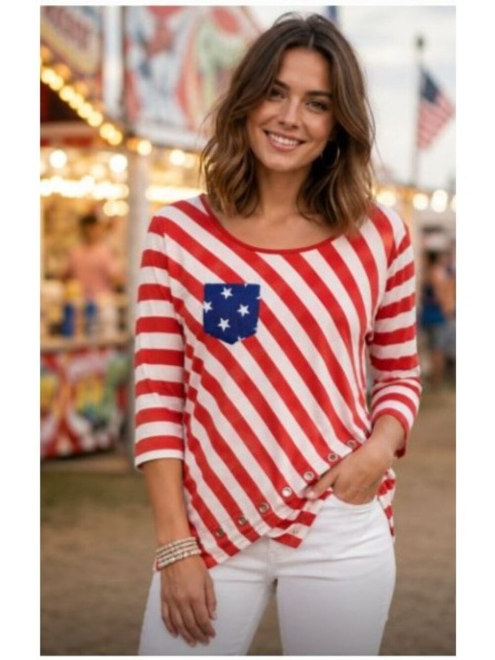 Women's Patriotic USA Flag Stripe Top Blue Star Pocket Grommet Hem 3/4 Sleeve XL